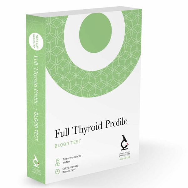 Box for a Full Thyroid Profile blood test, featuring a green design with circular patterns.