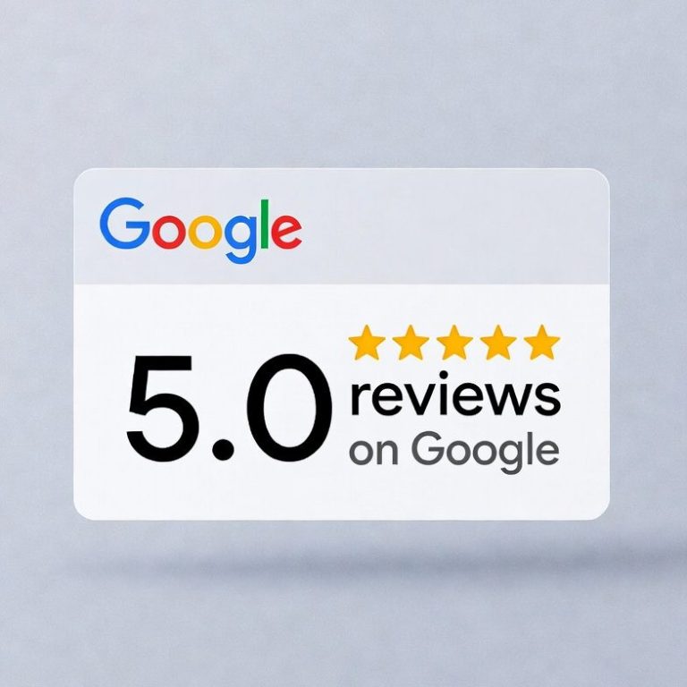 Google reviews badge displaying a rating of 5.0 stars.