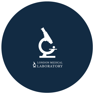 Logo featuring a microscope and the text "London Medical Laboratory".