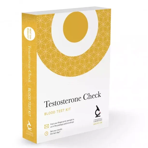 White box with yellow design, labelled "Testosterone Check Blood Test Kit."