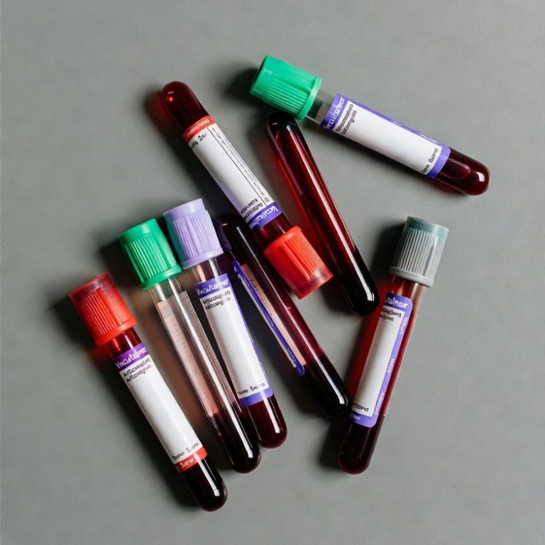 Various blood collection tubes in different colours arranged on a grey surface.