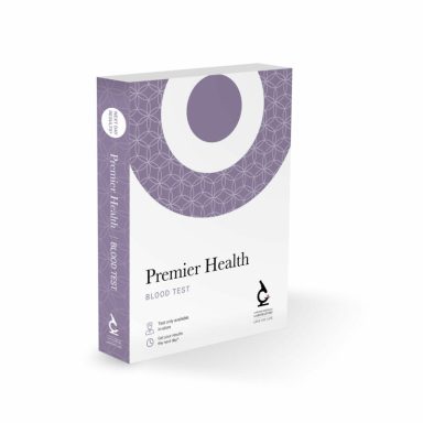 Box of Premier Health with a purple design and white background.