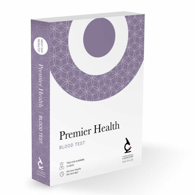 Premier Health brand box for a blood test, featuring a purple design.