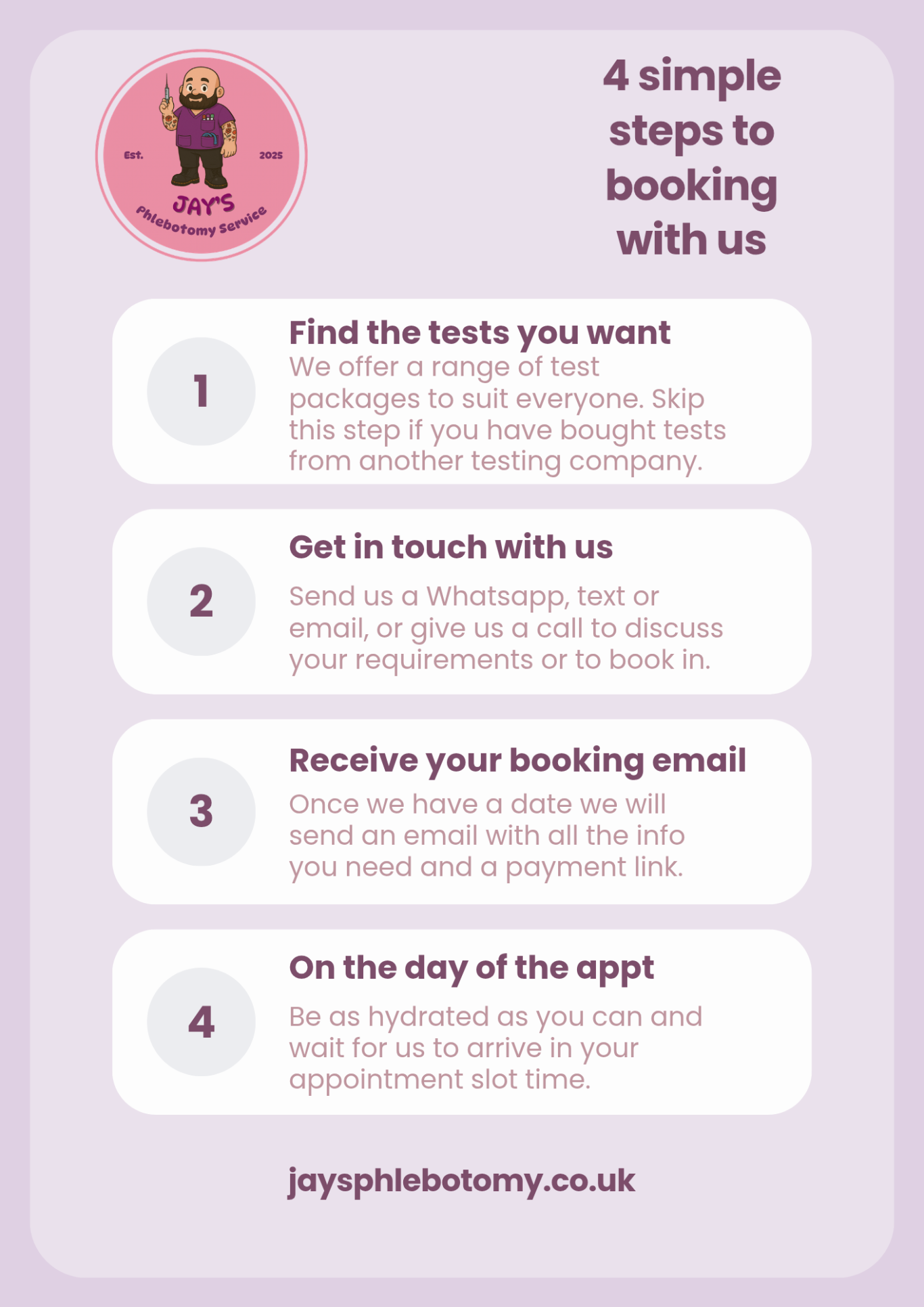 Four simple steps for booking a service with contact details at the bottom.
