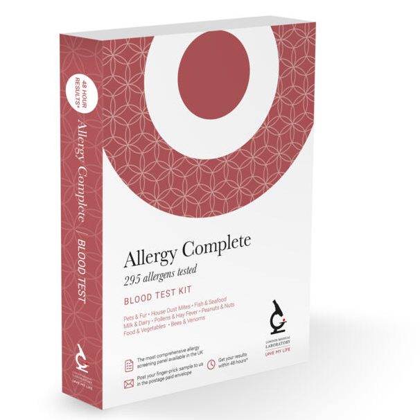 Box of Allergy Complete allergen test, featuring a red patterned design and circular logo.