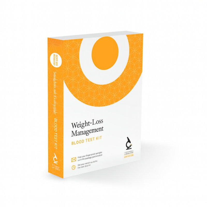Box for a weight loss management blood test, featuring a bright orange and white design.