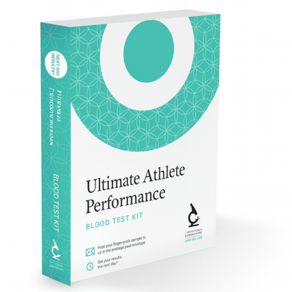 Blood test kit for ultimate athlete performance, featuring a turquoise and white design.