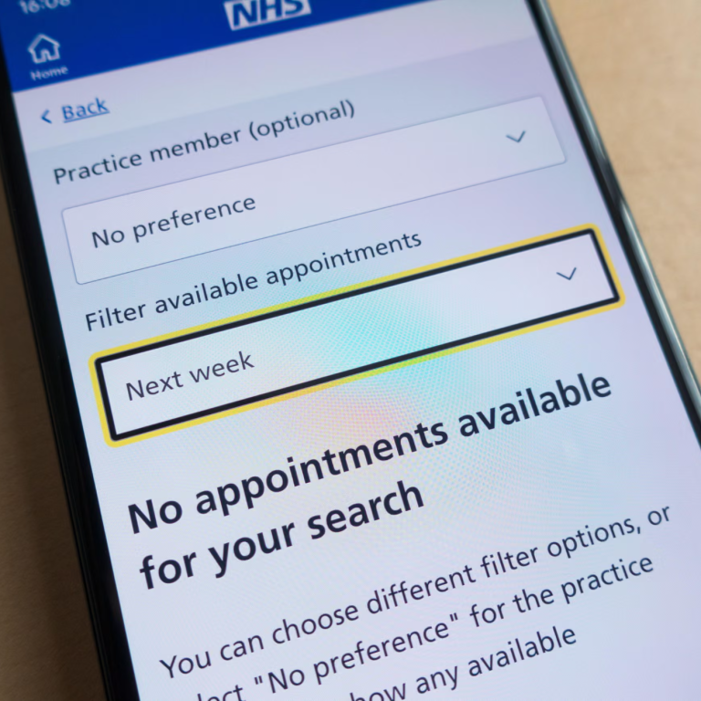 NHS appointment booking screen with options to filter available appointments.