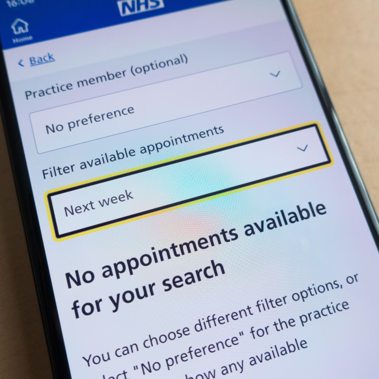 NHS app interface showing appointment search options for next week.