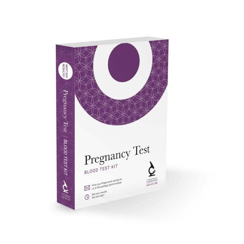 Box of a pregnancy blood test with a purple design and white text.