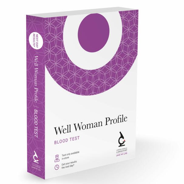 Box packaging for a "Well Woman Profile" test kit with a purple geometric design.